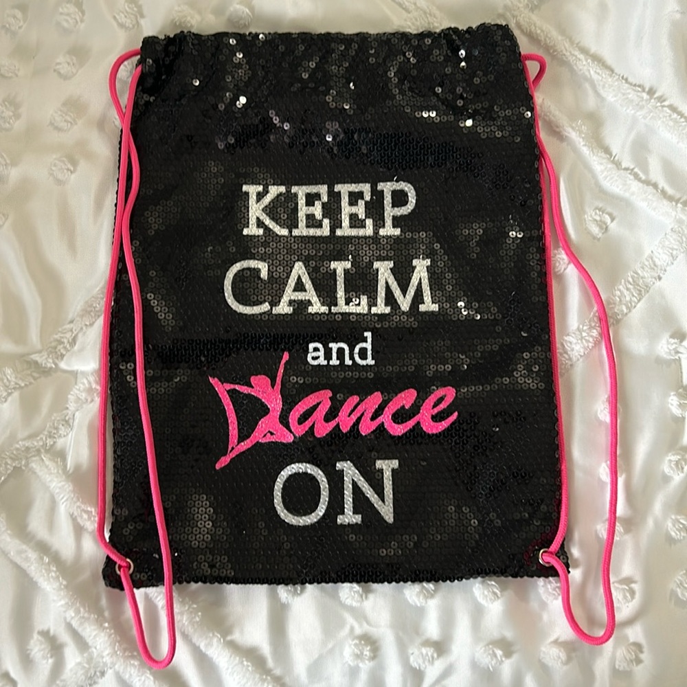 Sequin Keep Calm and Dance On Drawstring Bag
